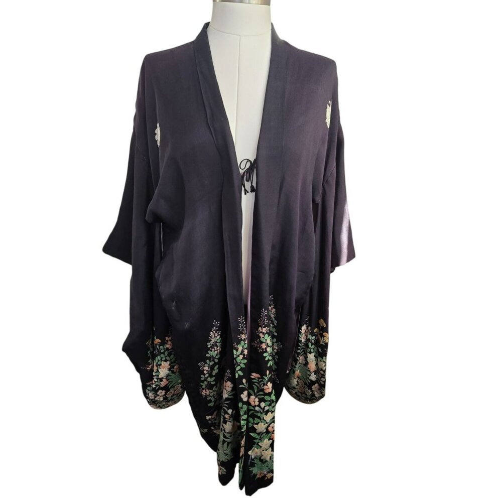 Vintage Silk Kimono Jacket Floral Embroidery Black With Green Pink Accent je237